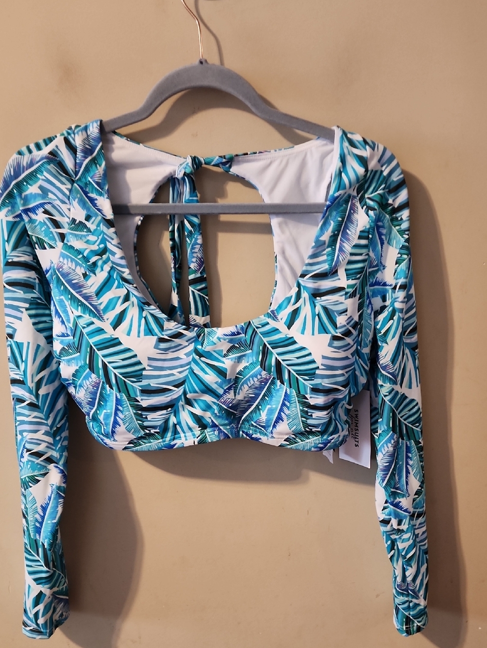 Swimsuits For All Tropical Leaf Long Sleeve Crop Top - Blue/White/Teal